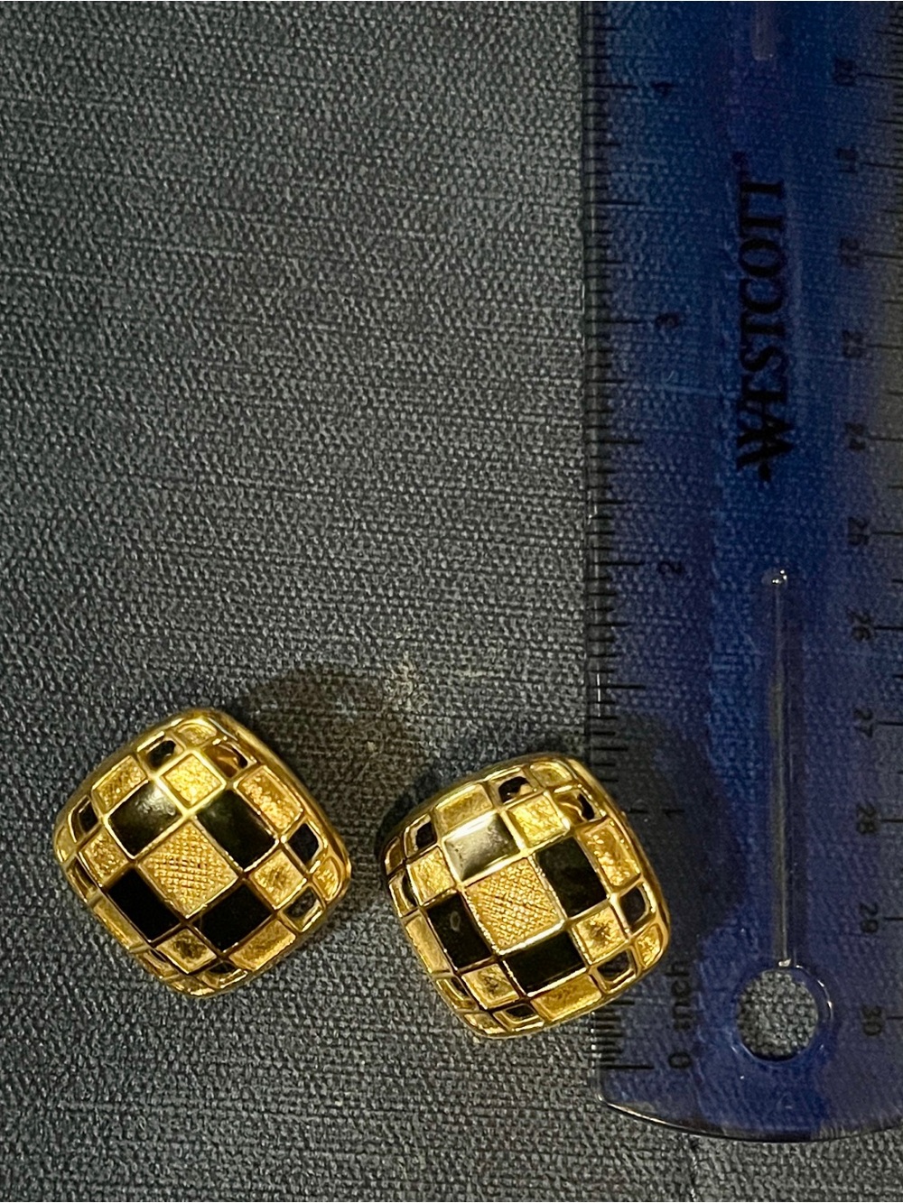 Gold and Black Checkerboard Clip-On Earrings